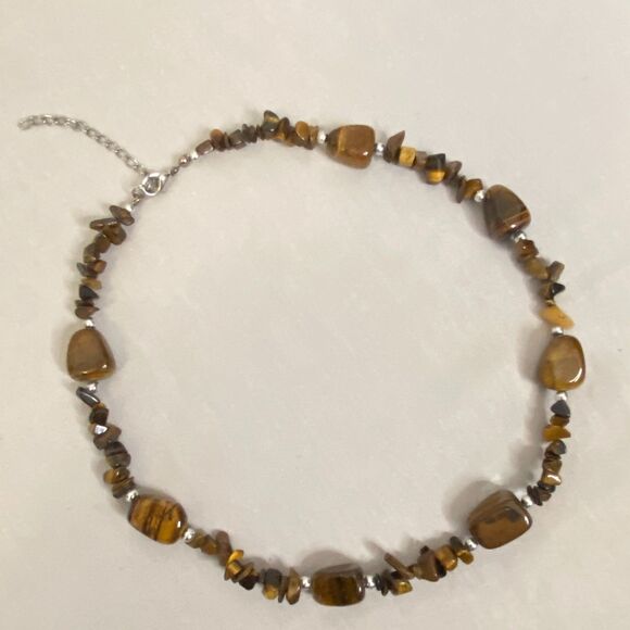 Choker Necklace Tiger's Eye Stones Tiny Silver Tone Beads - Picture 2 of 5
